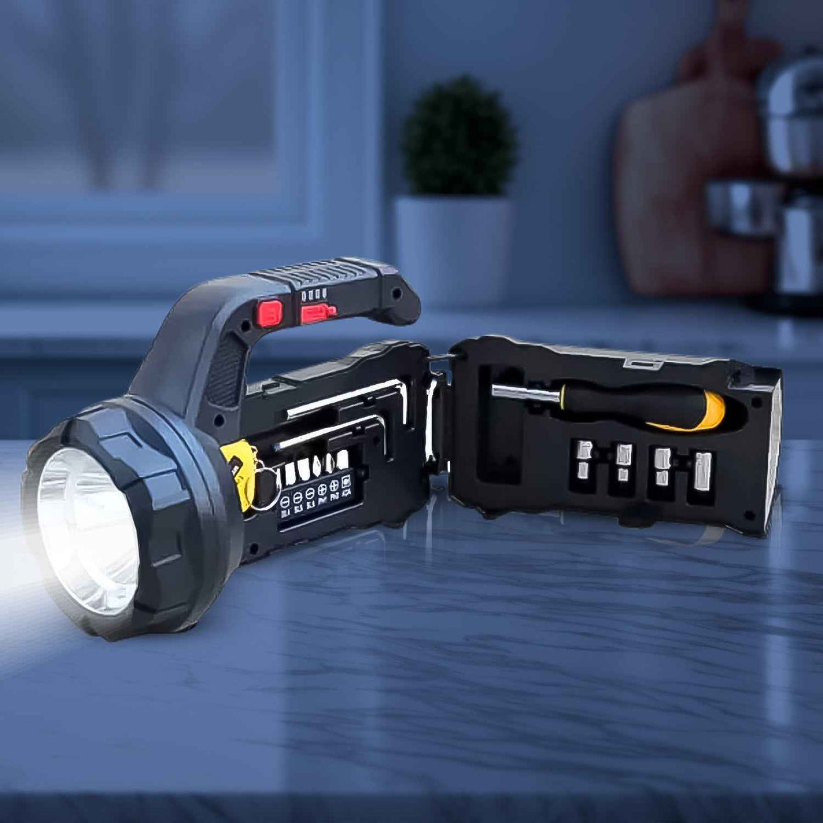 SOS Light with Toolbox, showing its integrated tools and powerful torchlight.