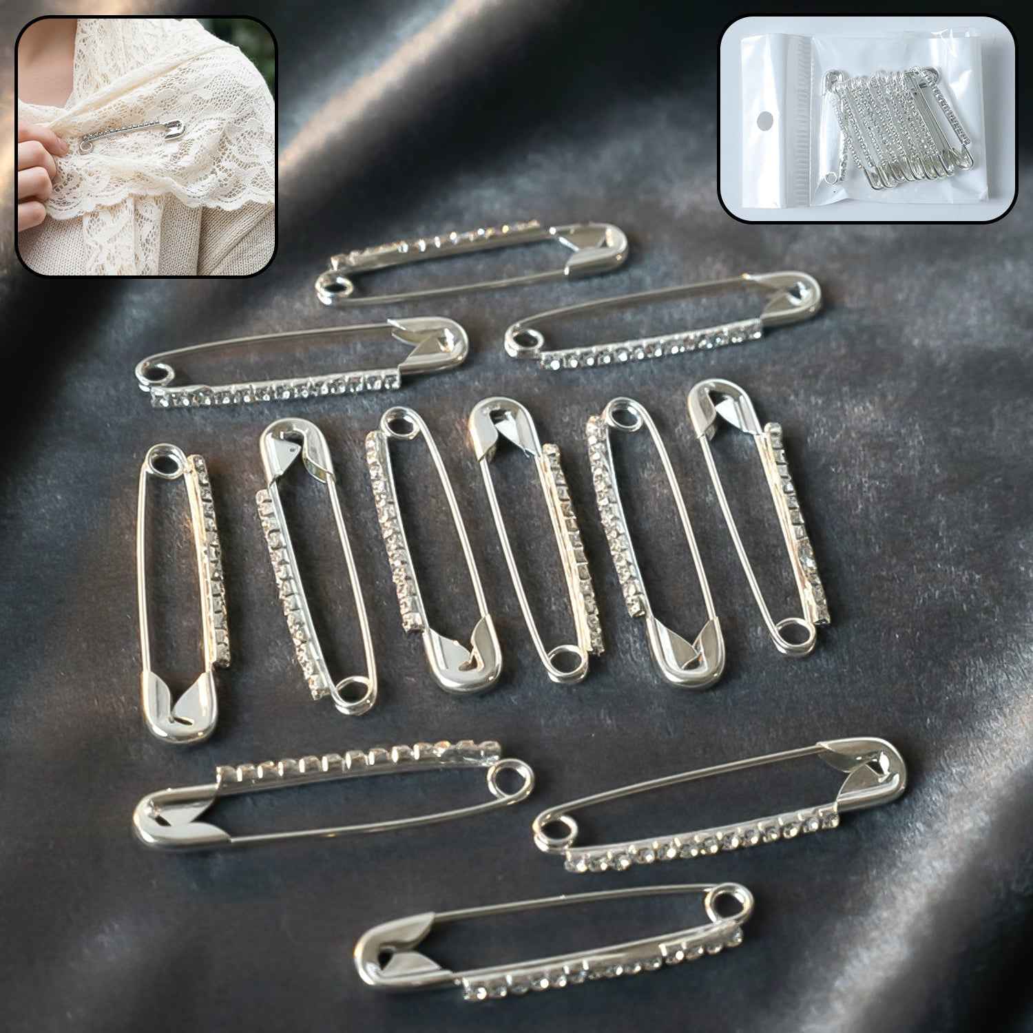 Silver Safety Pin Brooch Set – Elegant Crystal Accent 12 Pc