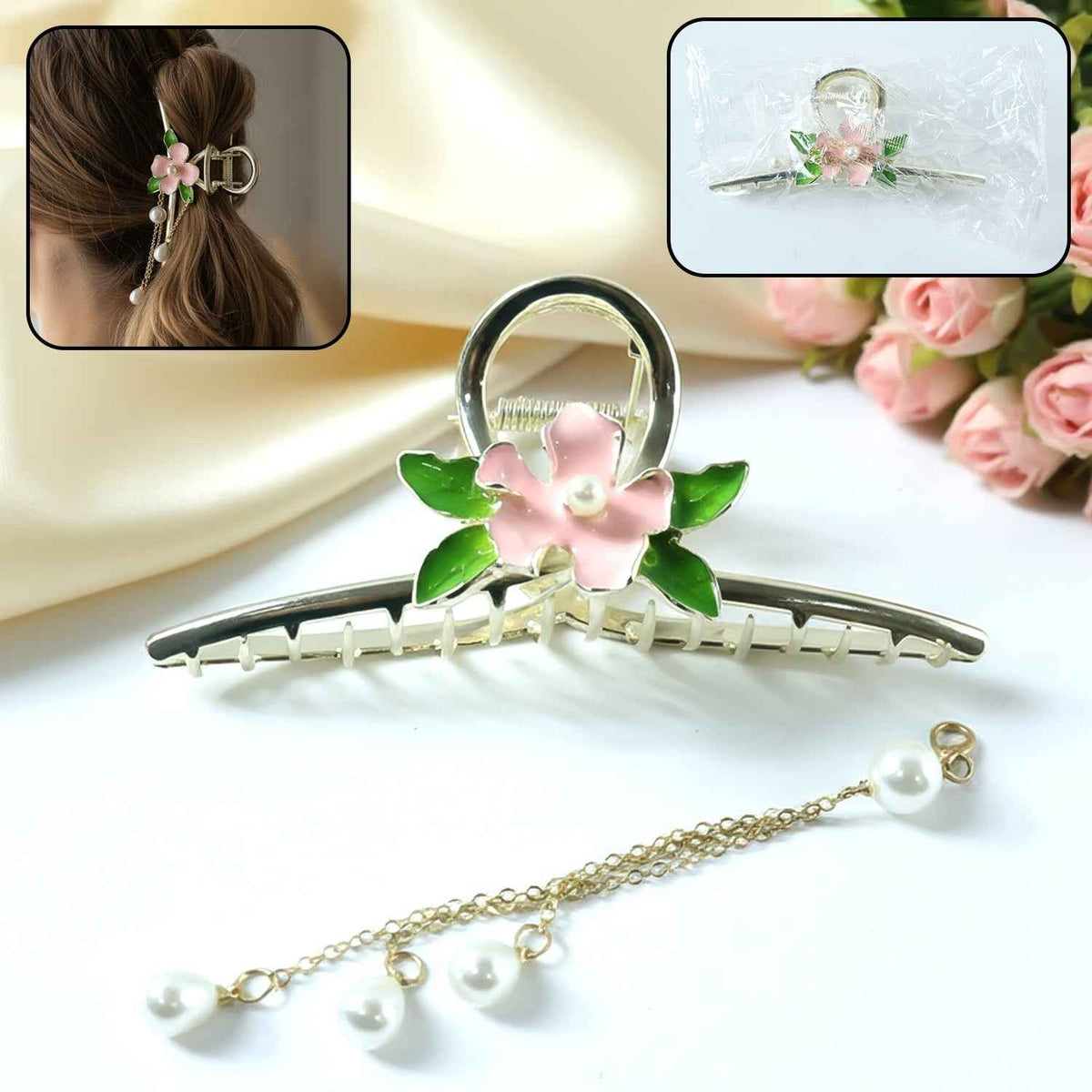 Floral Pearl Hair Claw Clip – Elegant Decorative Chain