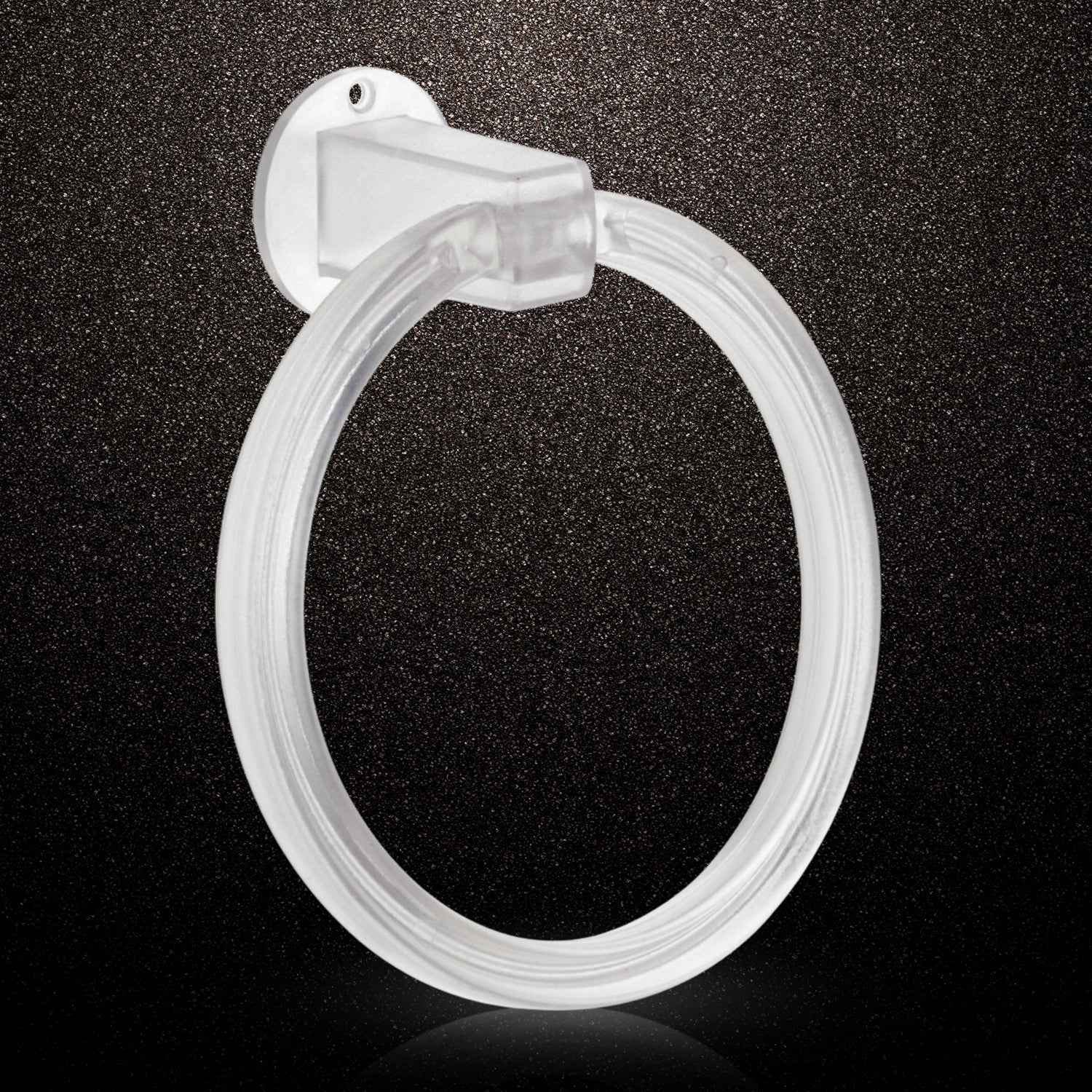 Clear ABS towel ring installed on a bathroom wall, holding a neatly folded white hand towel.