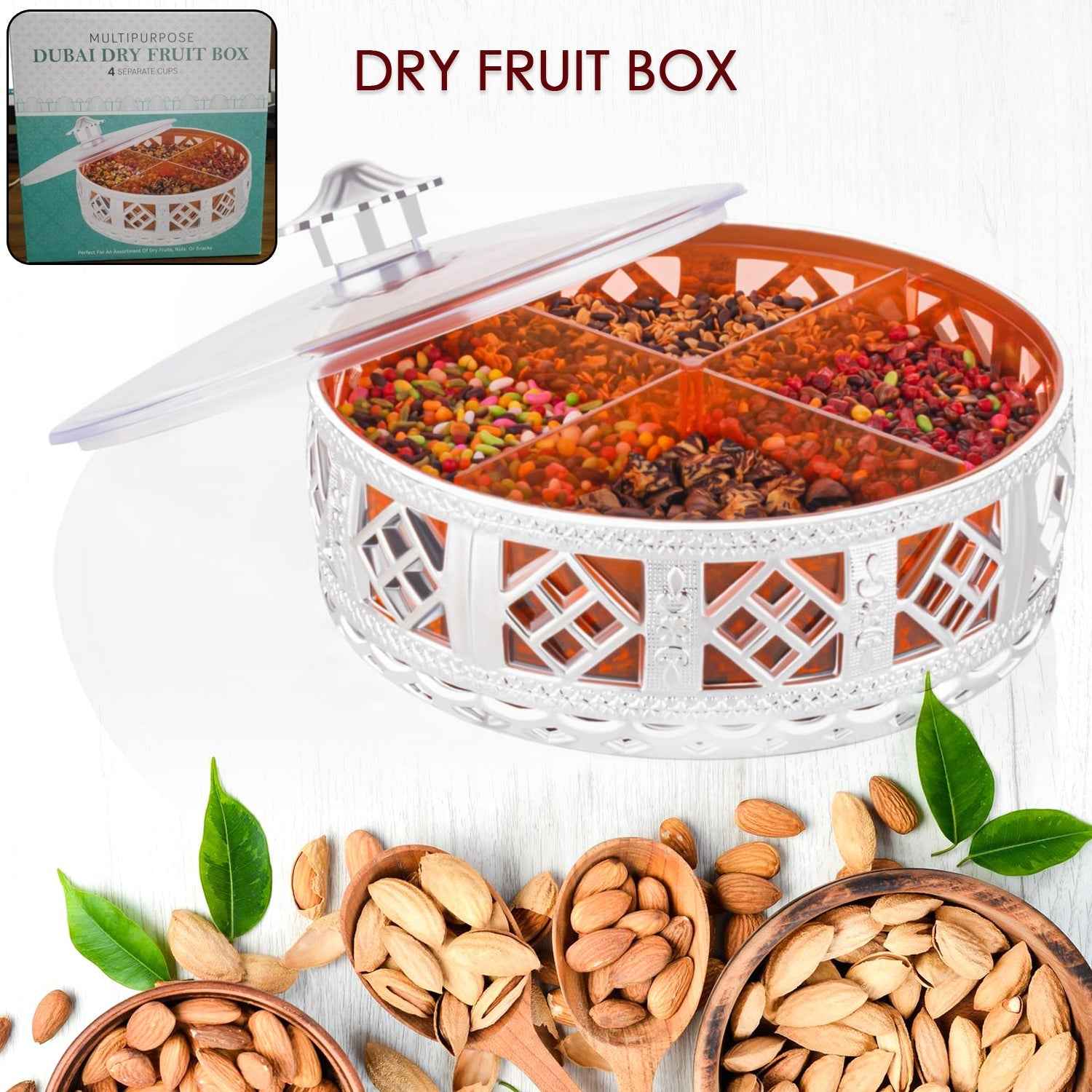 Silver Dry Fruit Box – 4-Section Round Multipurpose Gift | Tidy Table