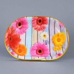 Floral plastic serving tray with a mix of colors, perfect for home use.