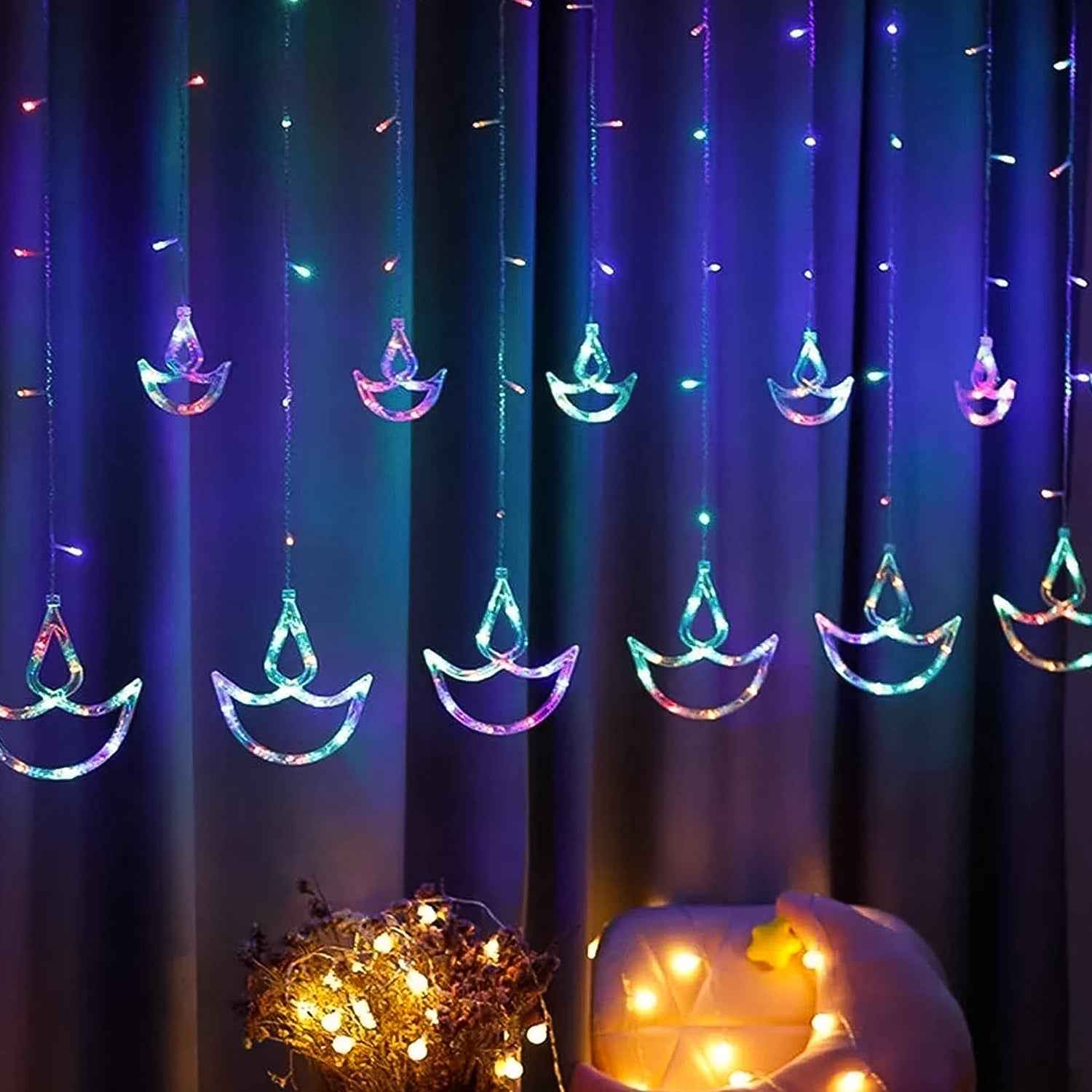 Diya Curtain String Lights – Multicolor 12 Diya | Indo Glow
