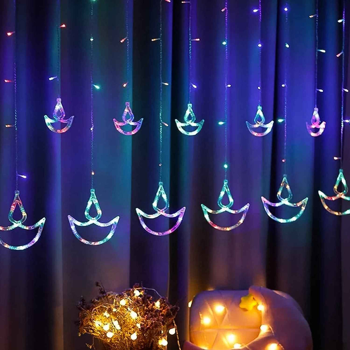 Diya Curtain String Lights – Multicolor 12 Diya | Indo Glow