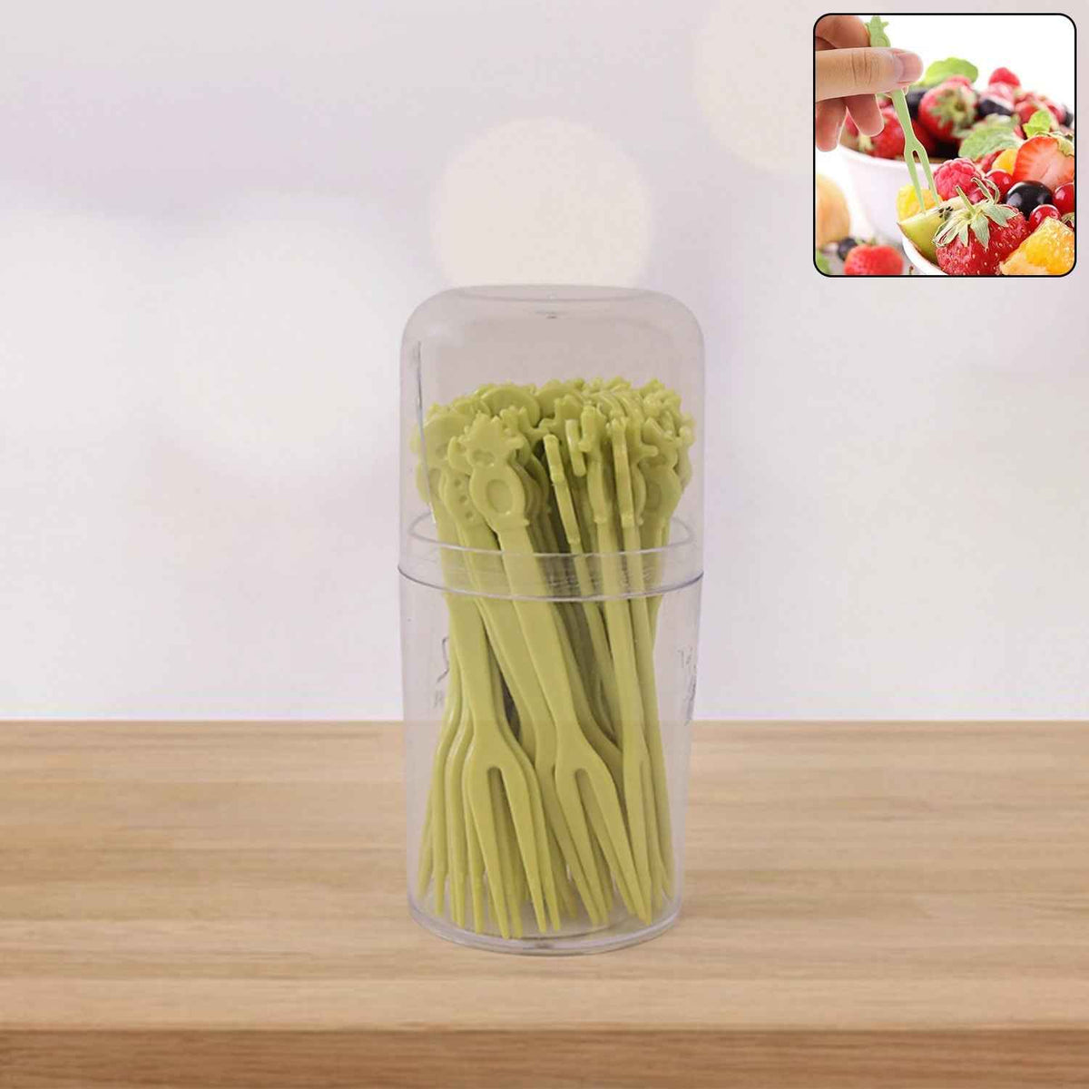 Jar of 50 plastic fruit forks for desserts and appetizers