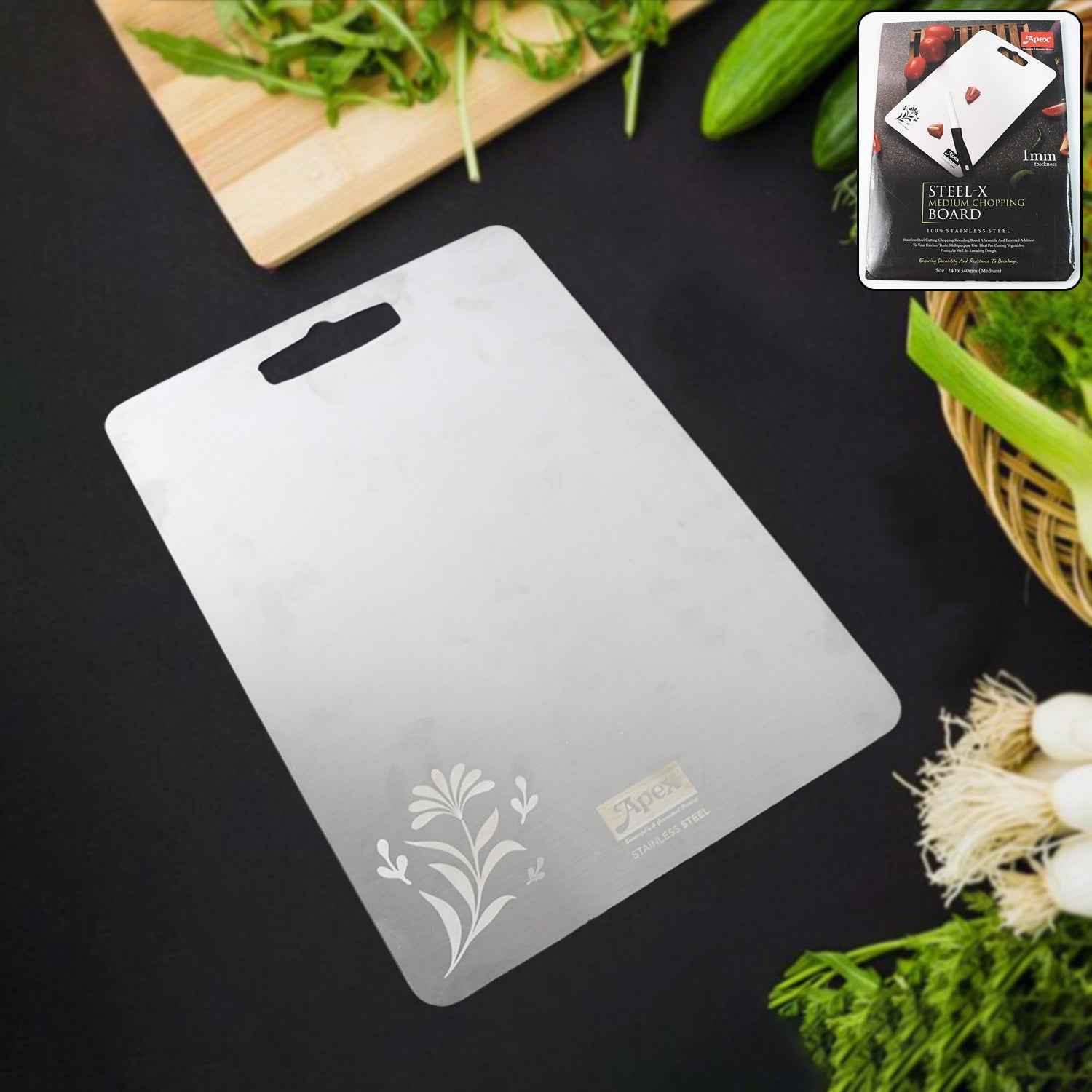 Apex stainless steel medium chopping board with laser floral engraving