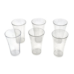 Stack of clear plastic juicy glasses, showcasing their lightweight design.