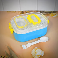 Vibrant blue Kids Lunch Box with integrated spoon and fork, perfect for school meals.