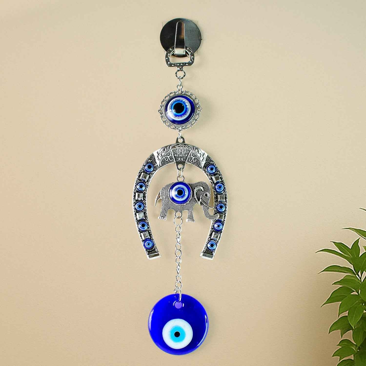 Evil Eye Hanging with Elephant & Horseshoe – Protective Wind Chime