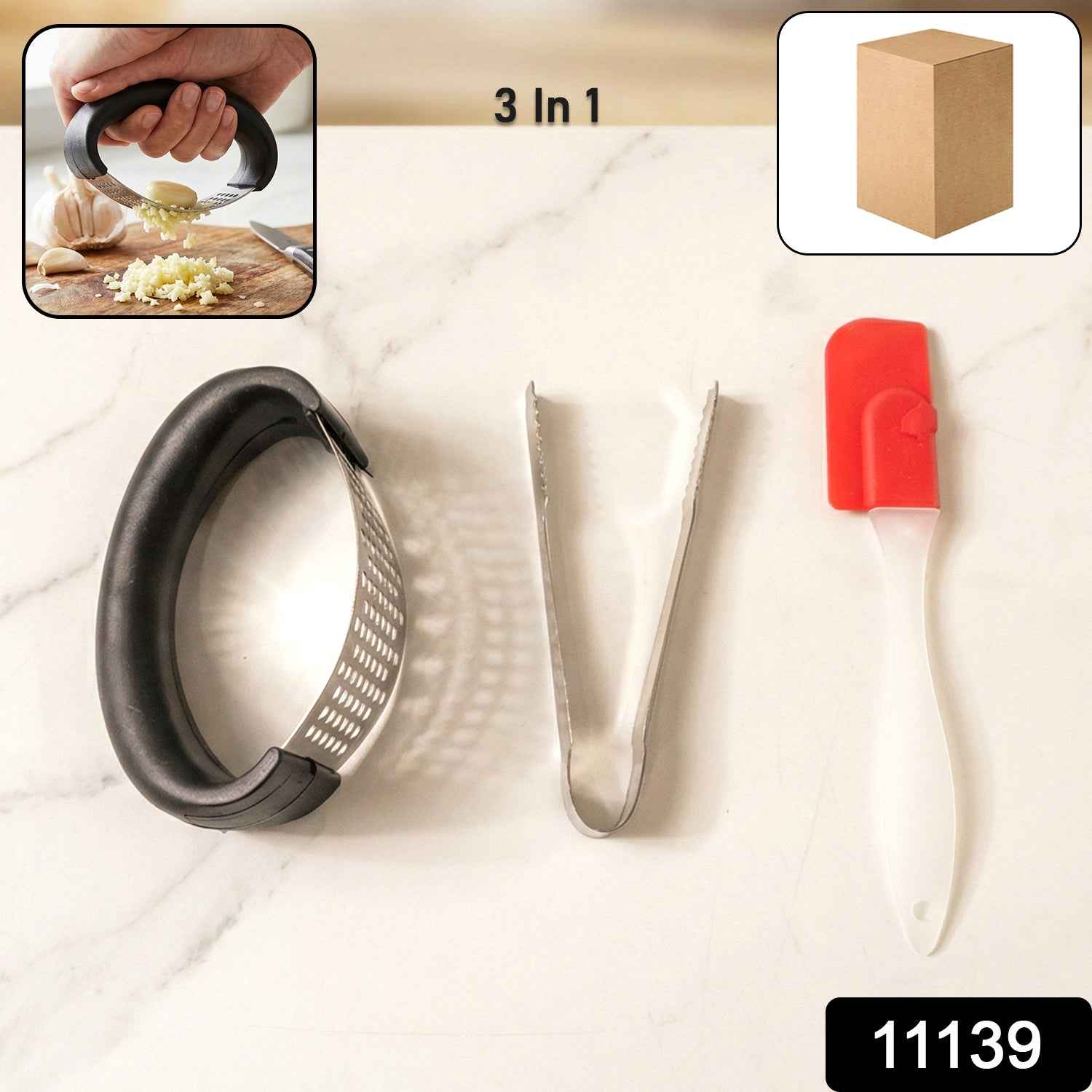 3-in-1 Kitchen Tool Set – Garlic Crusher, Tongs & Silicone Spatula