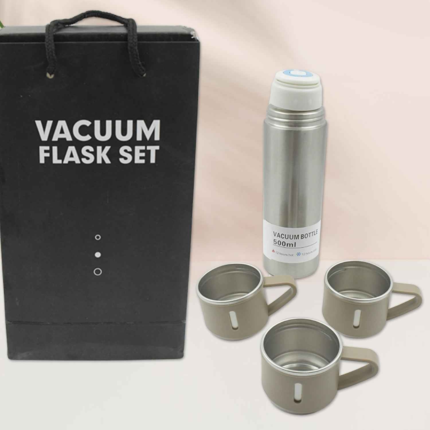 Close-up of stainless steel vacuum flask set showing rustproof finish and lid