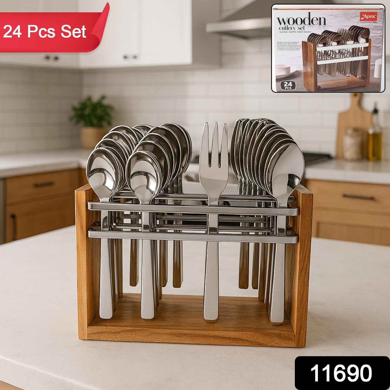 Stainless Steel Cutlery Set – Durable 24-Piece with Wooden Stand