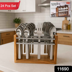 Stainless Steel Cutlery Set – Durable 24-Piece with Wooden Stand