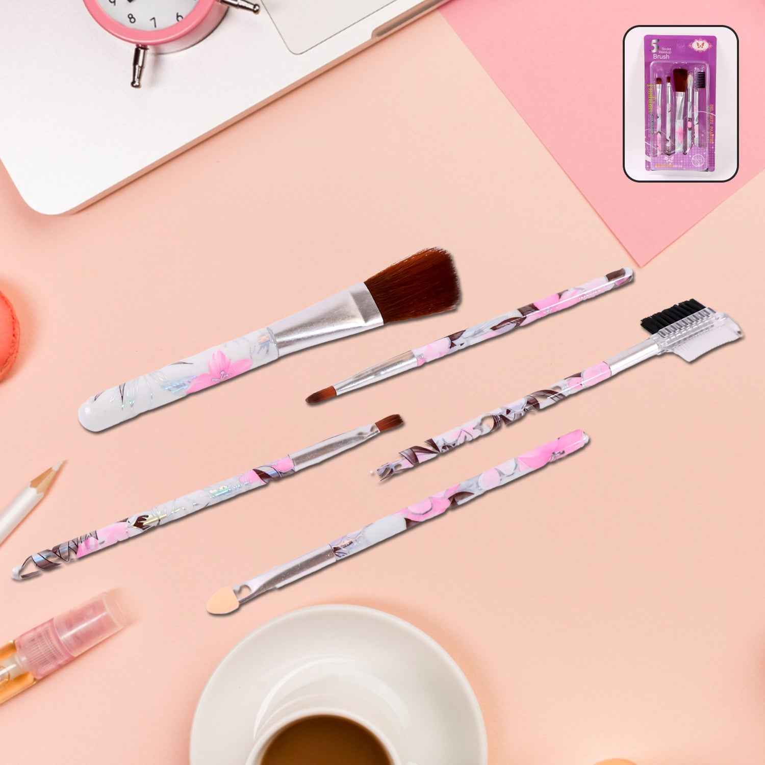Makeup Brush Set – 5-Piece Floral Face, Eyes & Lips Kit