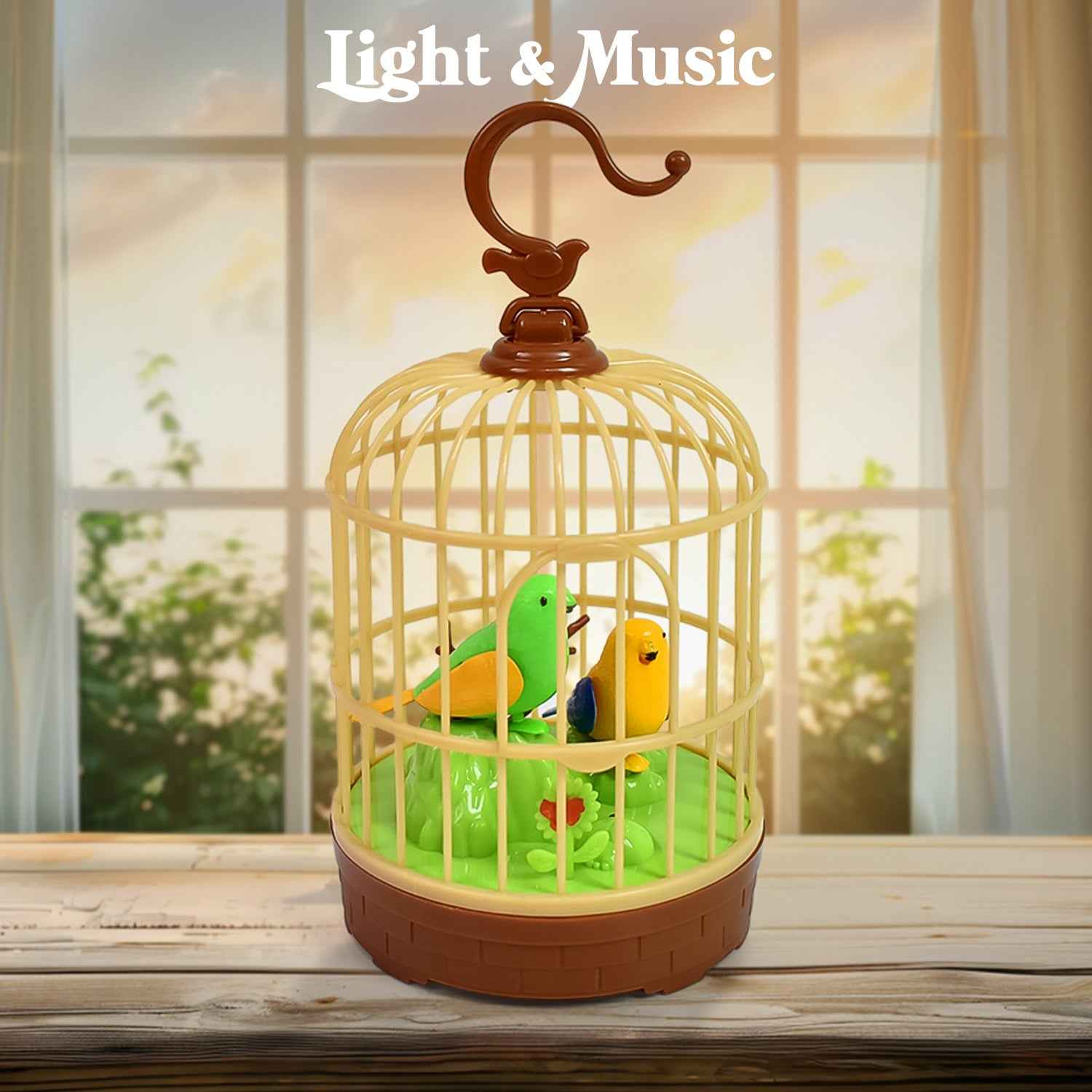 Sound-activated chirping bird toy in a decorative hanging cage with LED lights.