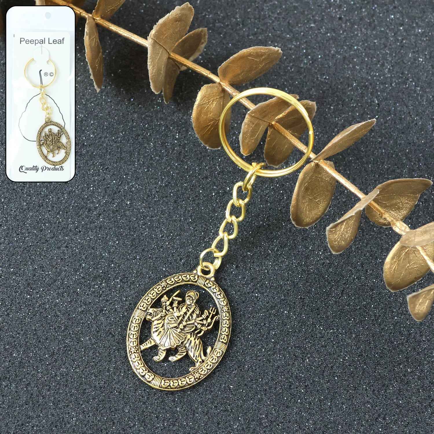 Maa Durga Golden Oval Frame Keychain – Spiritual Protection