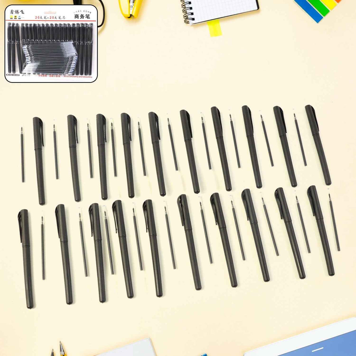 Refillable Black Marker Pen Set with 20 Pens & Extra Ink