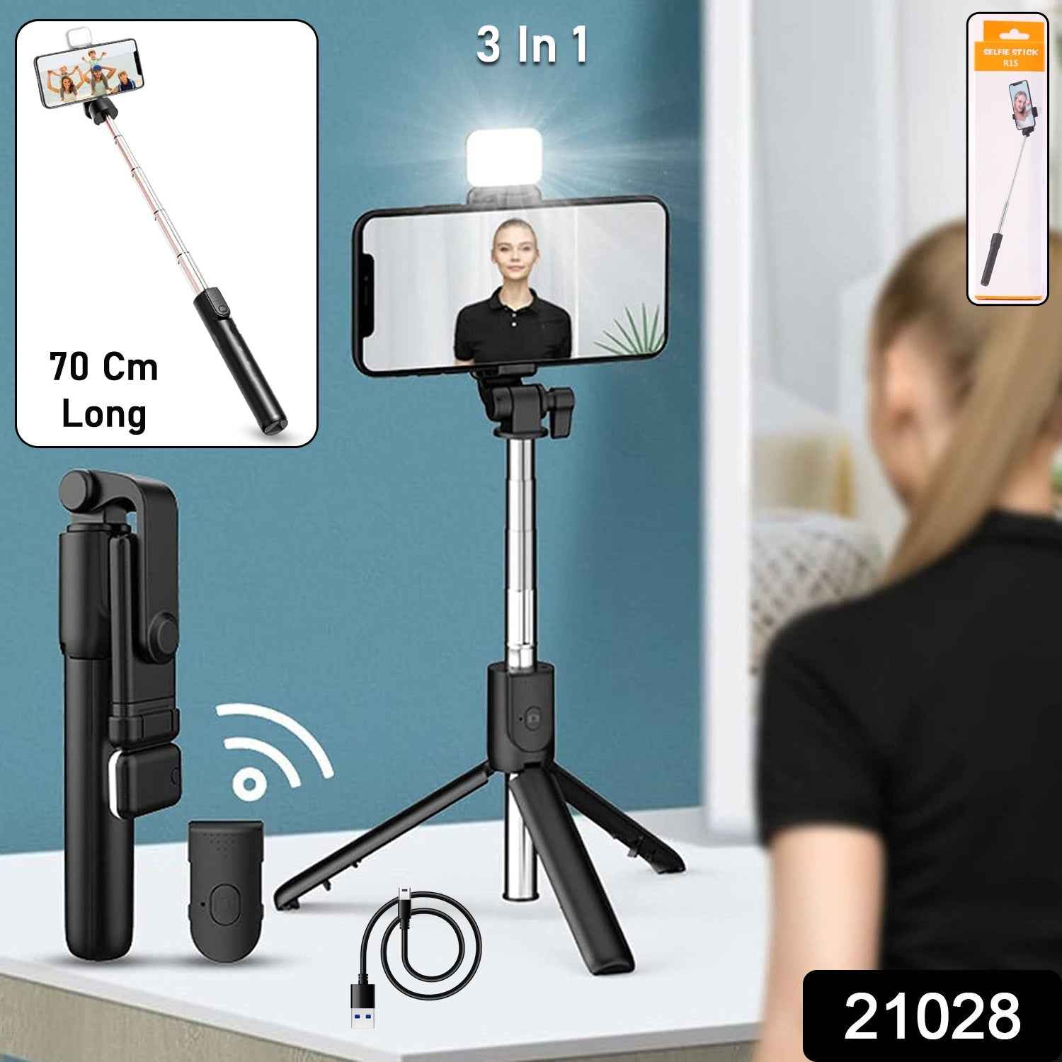 Wired Selfie Stick with Extendable Handle & Tripod Stand