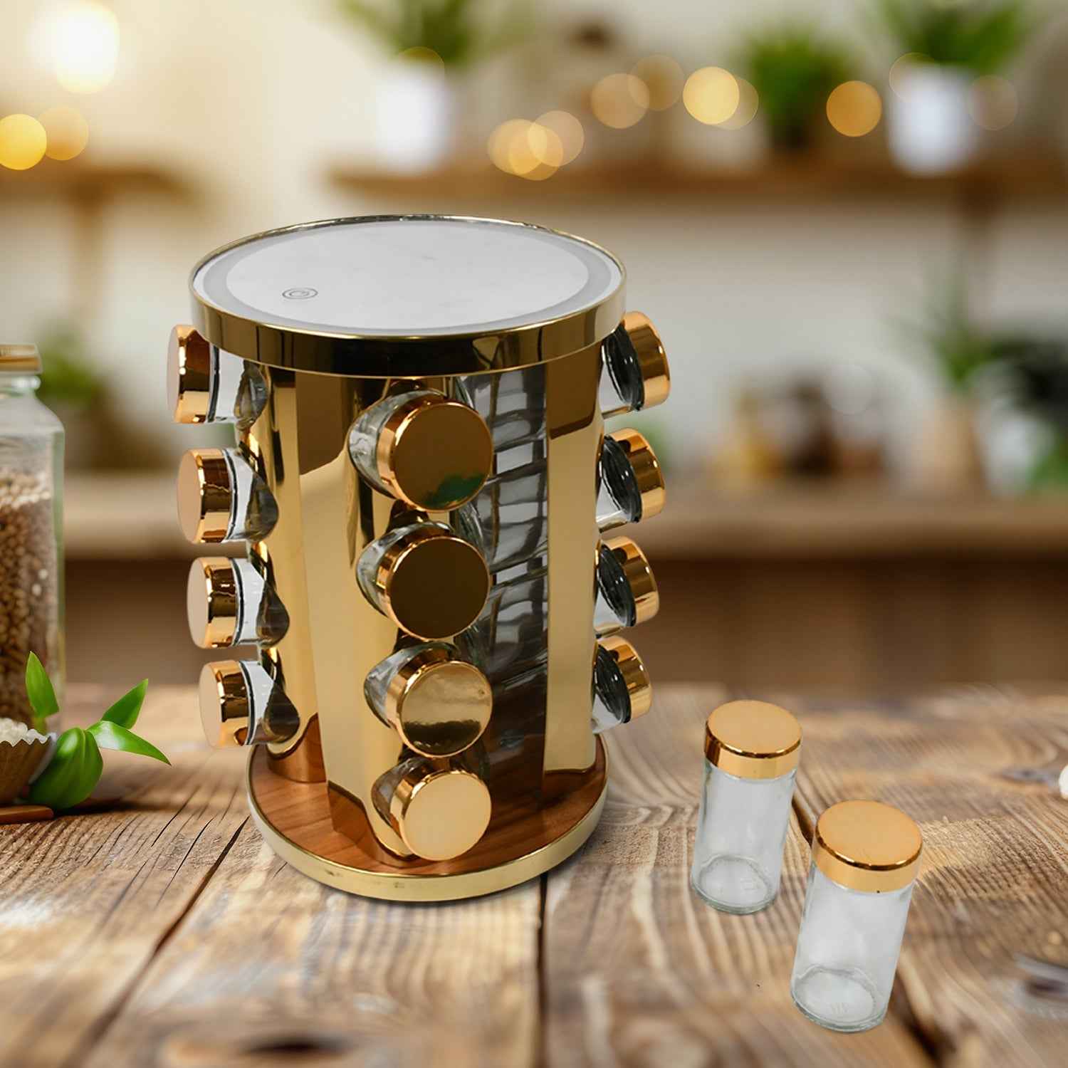 Rotating Spice Rack – LED Illuminated, 16 Jars, Golden Finish | Tidy Table
