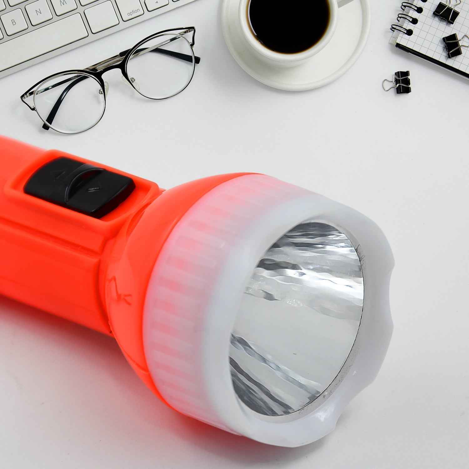 Close-up of the LED Kids Torchlight showing its two light sources.