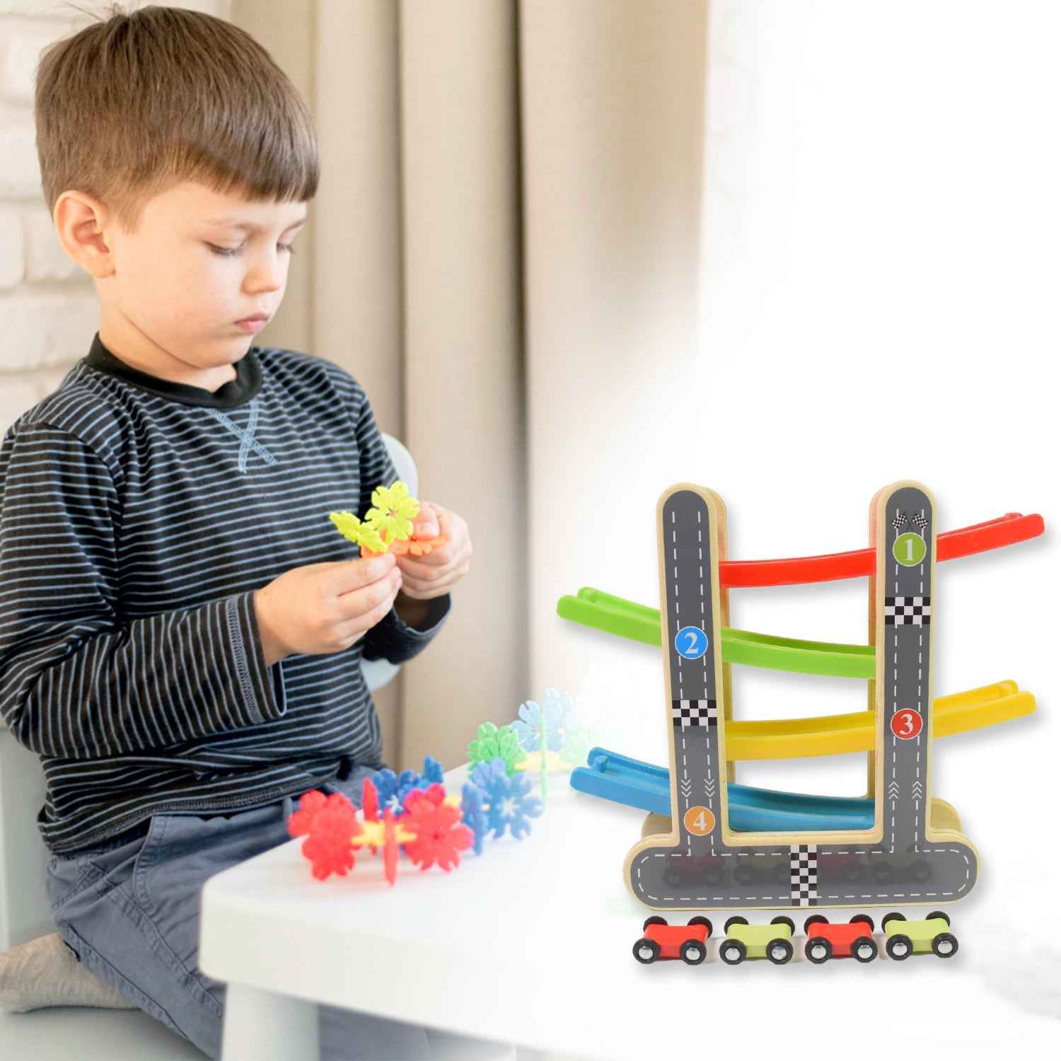 Wooden Ramp Racer – 4 Cars & Handle for Kids | Action Legion