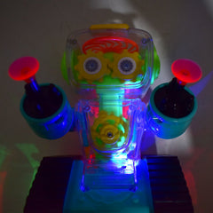 Side view of the transparent gear robot car showcasing its vibrant internal gears and robust design.