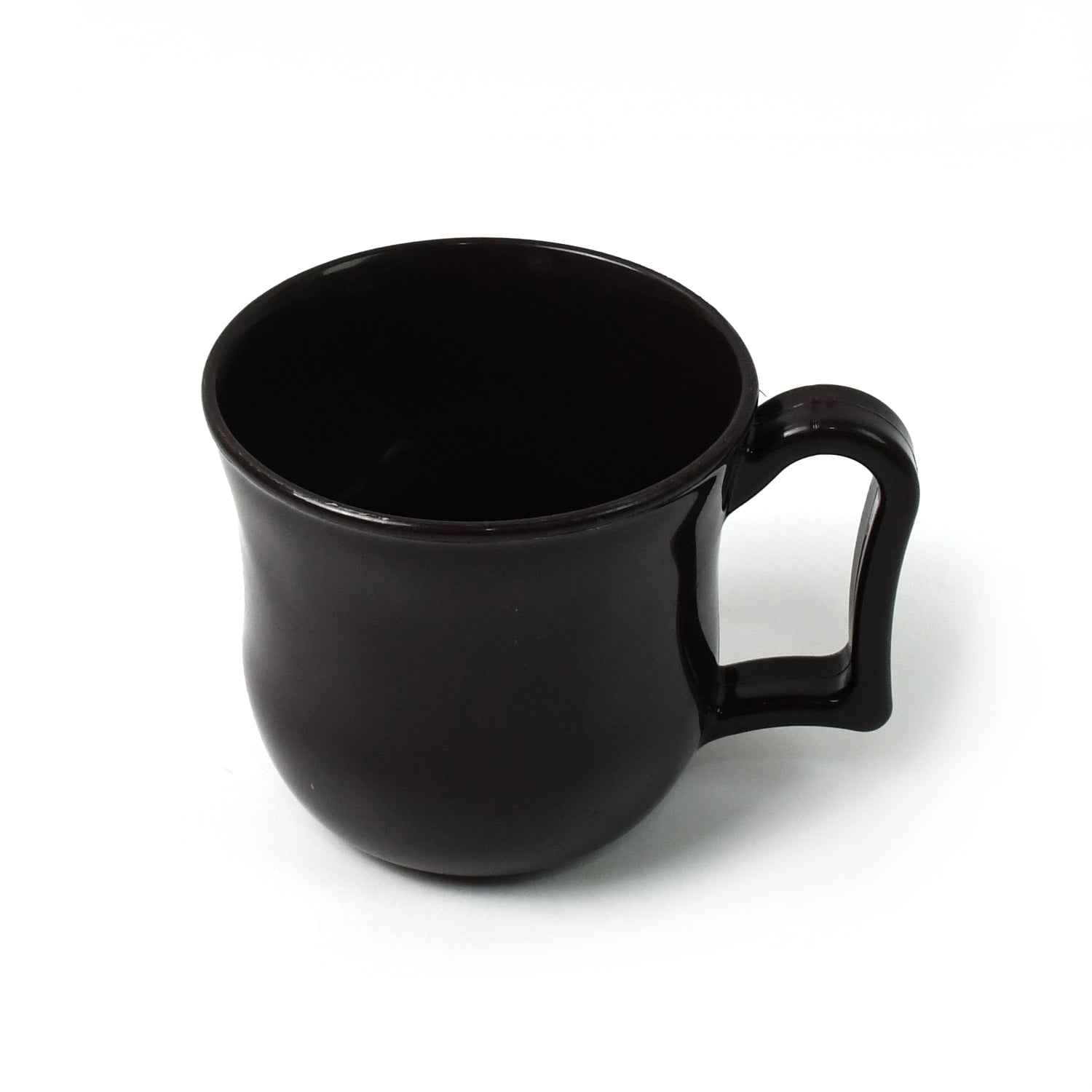 Durable black plastic coffee mug with a sturdy handle, ready for your morning chai.