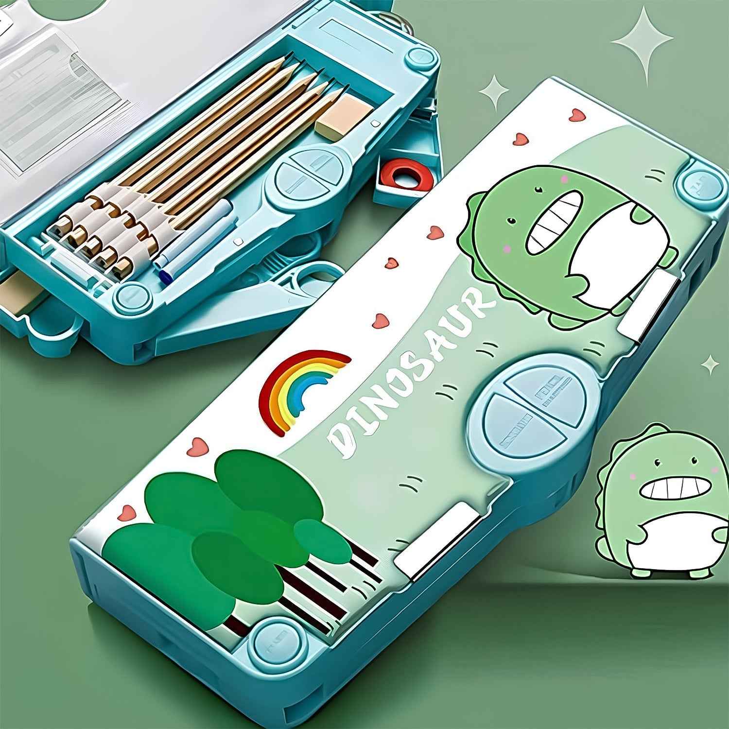 Magnetic pencil box with space theme design for kids, closed view.