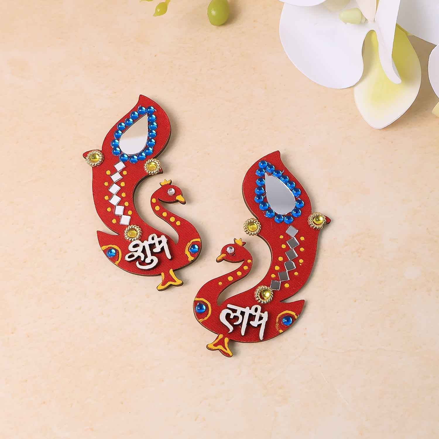 Shubh Labh Wall Hanging – Traditional Peacock Wooden Décor Set