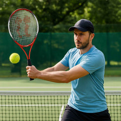 Professional tennis racket with lightweight aluminum frame in red and black design