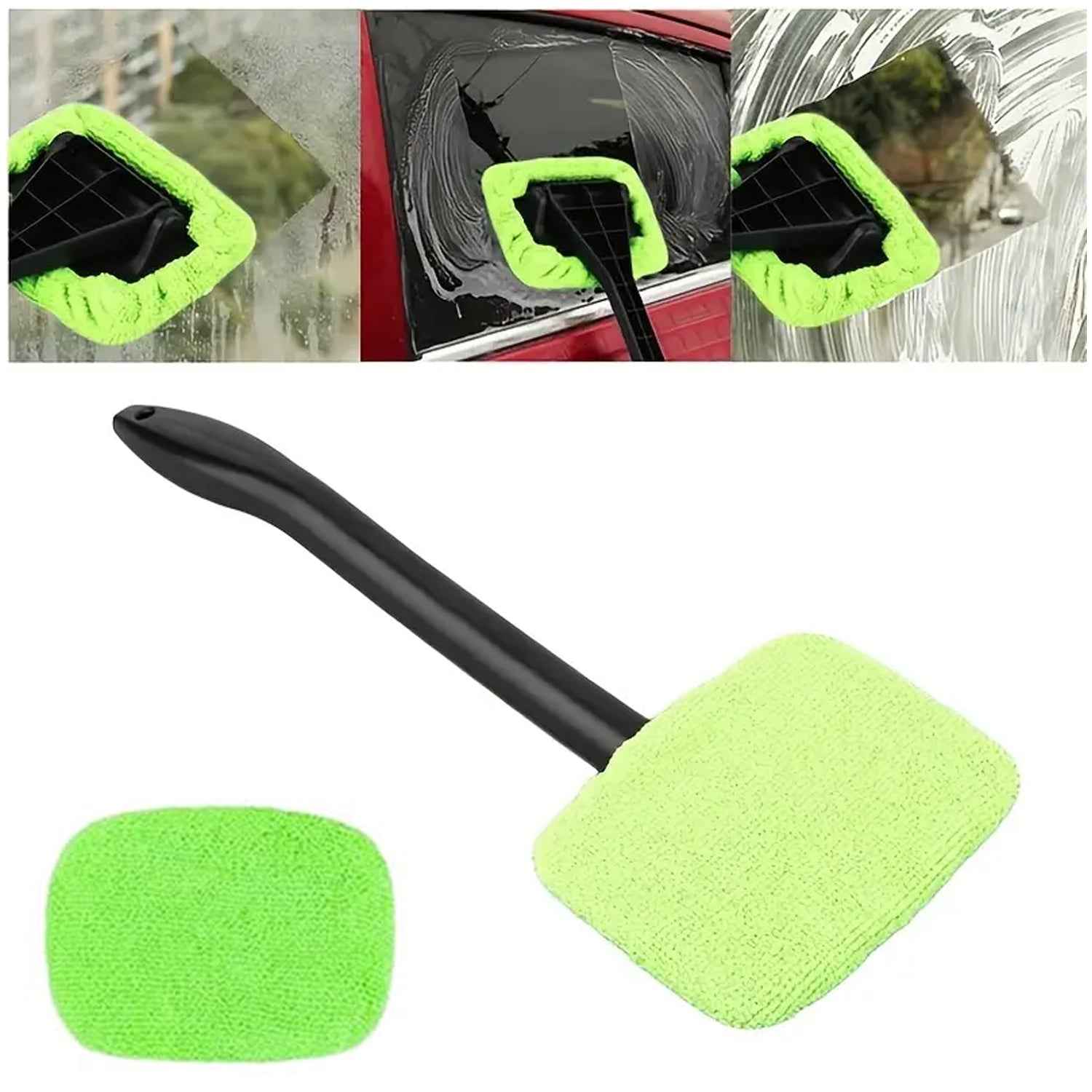 Glass cleaner wiper tool with microfiber cloth in use for car windshield cleaning