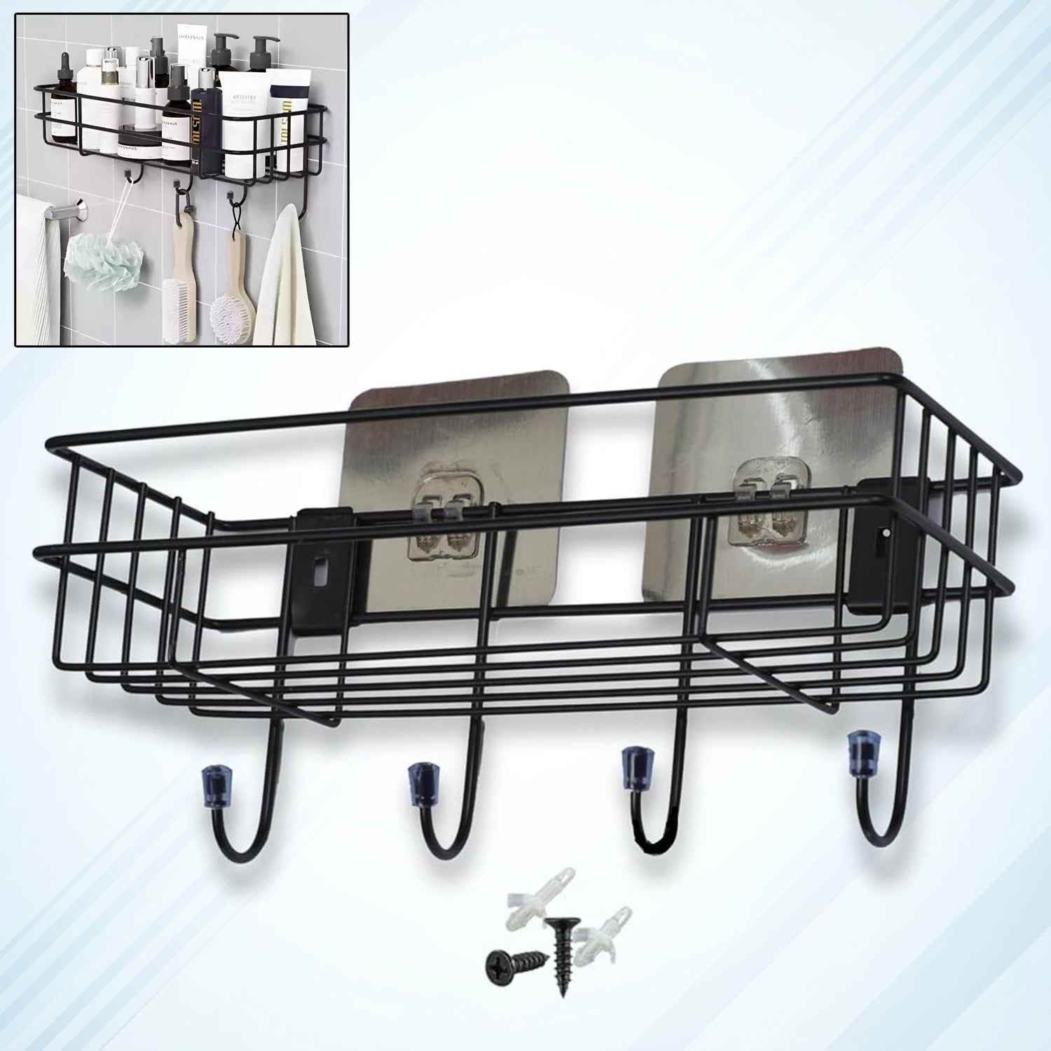 Front view of lightweight 3-in-1 shower shelf rack made of iron