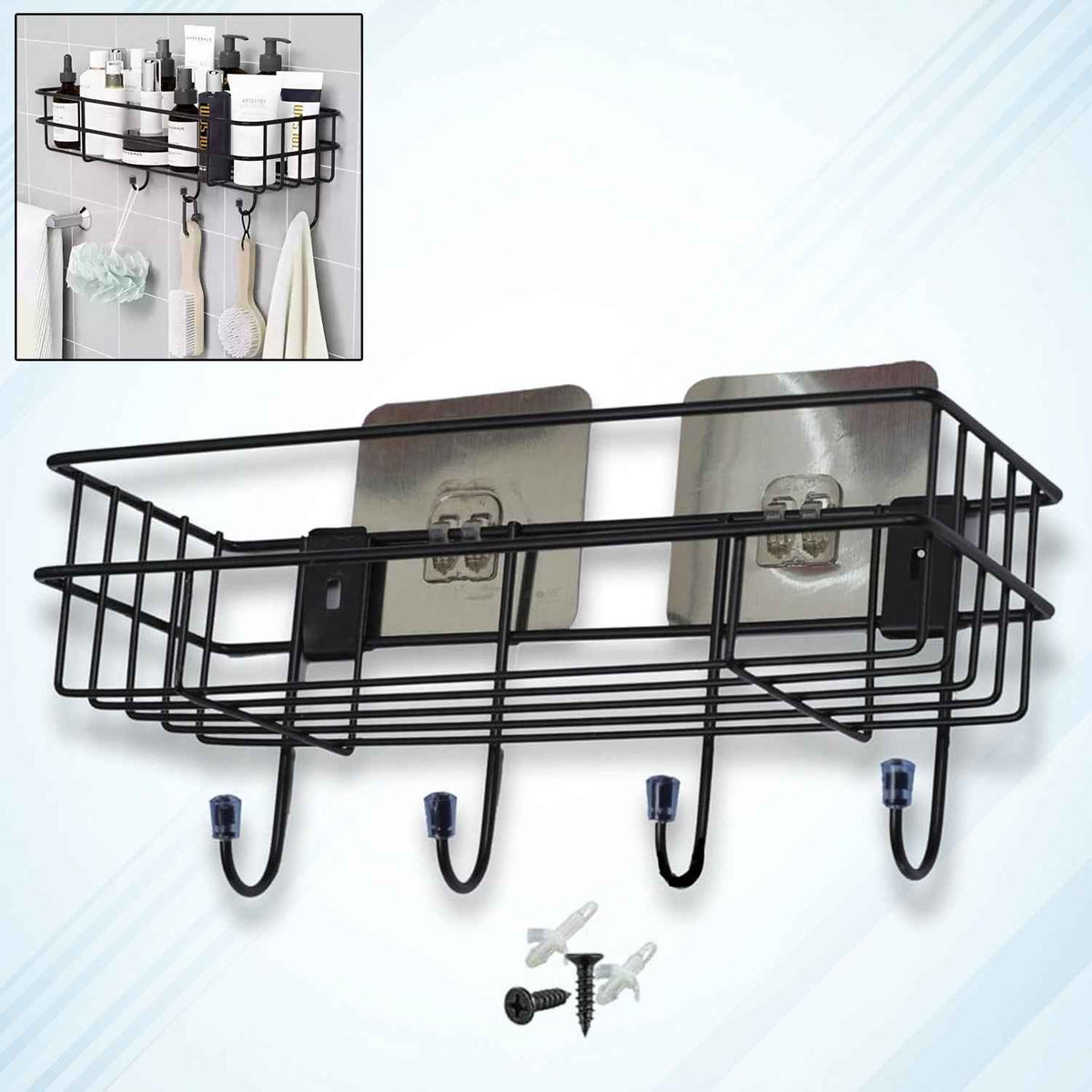 Front view of lightweight 3-in-1 shower shelf rack made of iron
