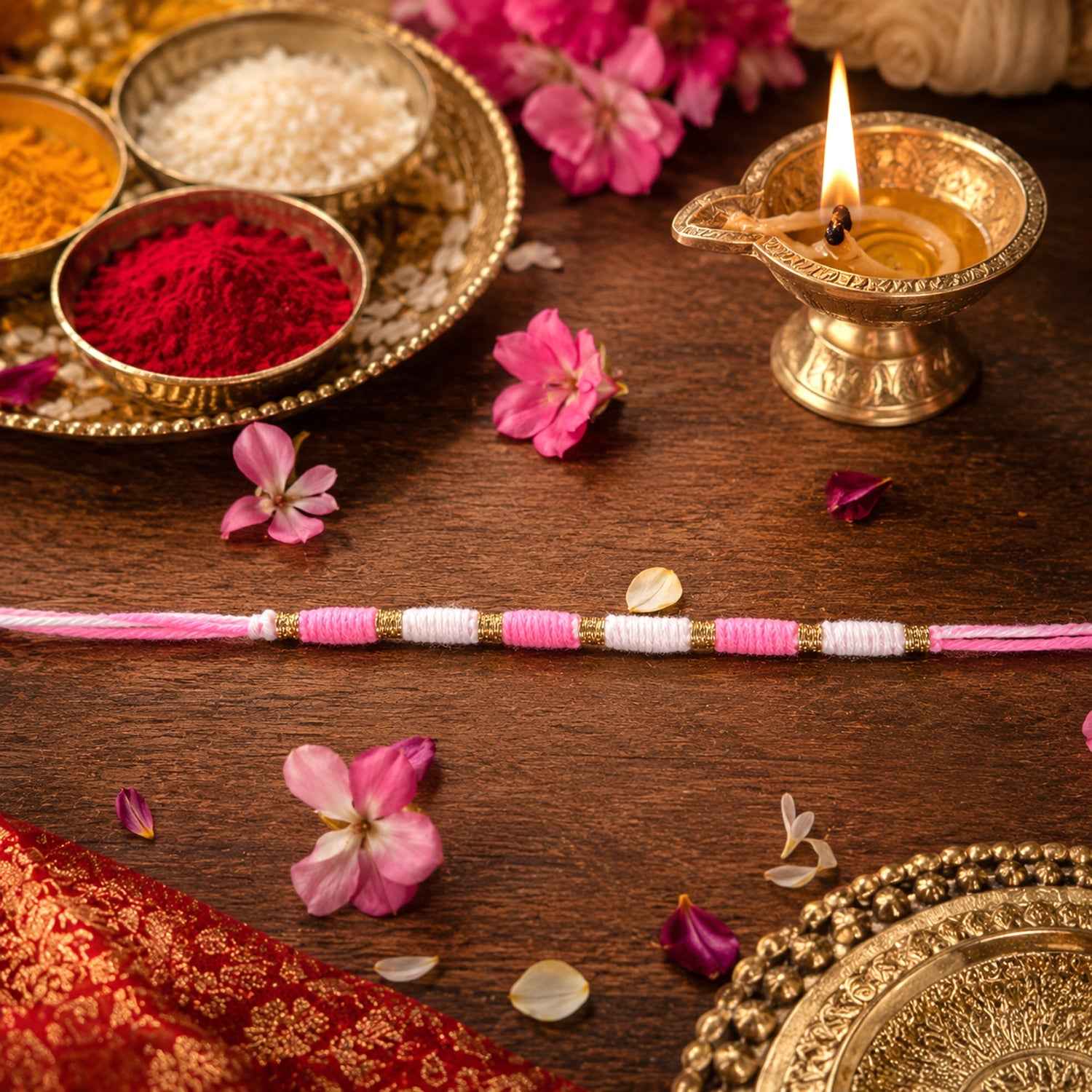 Pink & White Thread Rakhi Ð Elegant Traditional Beaded Design