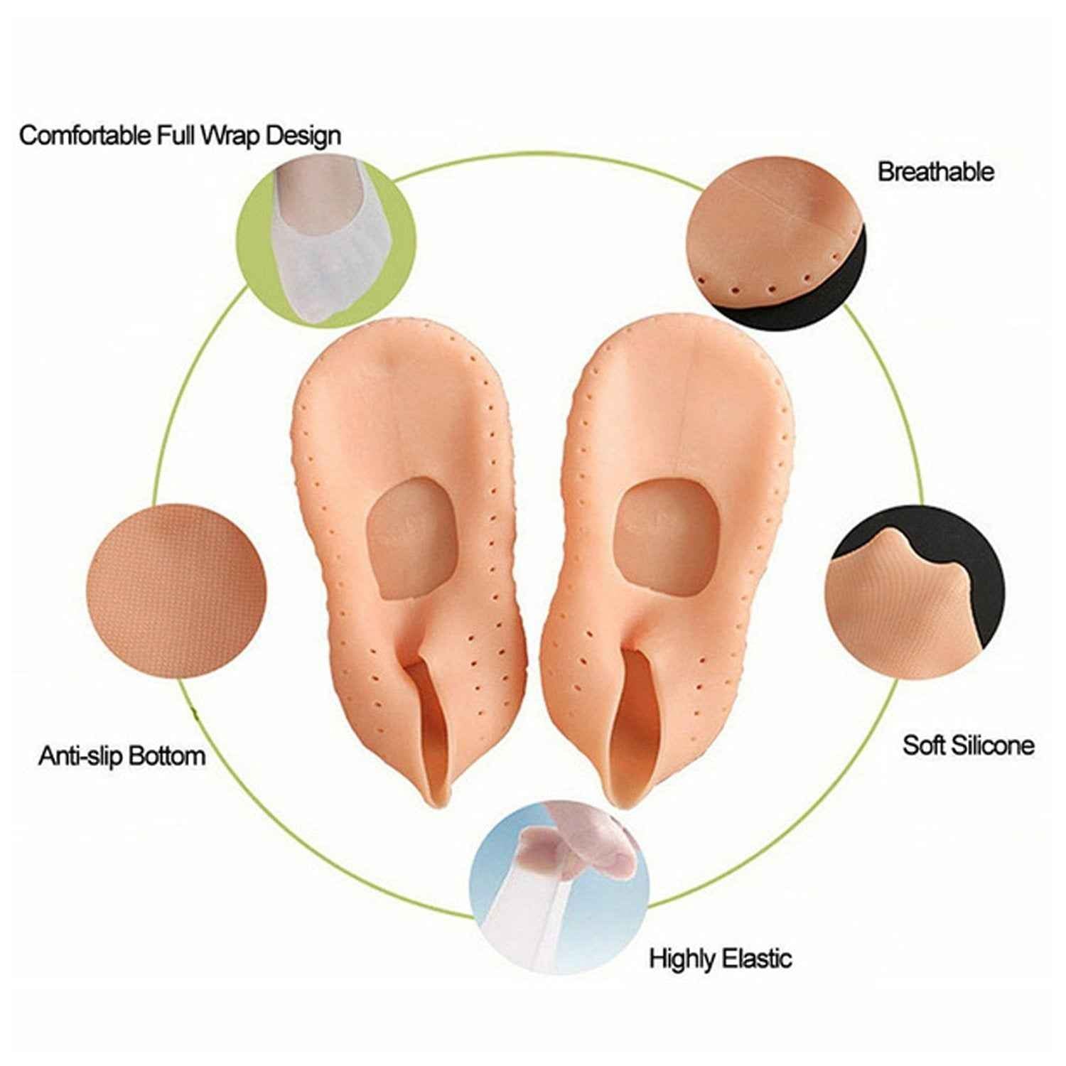 Person wearing toe-free silicone gel socks for cracked heel treatment and moisturizing.