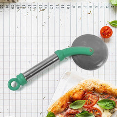 The durable stainless steel wheel of the Quickslice pizza cutter, showcasing its sharpness.