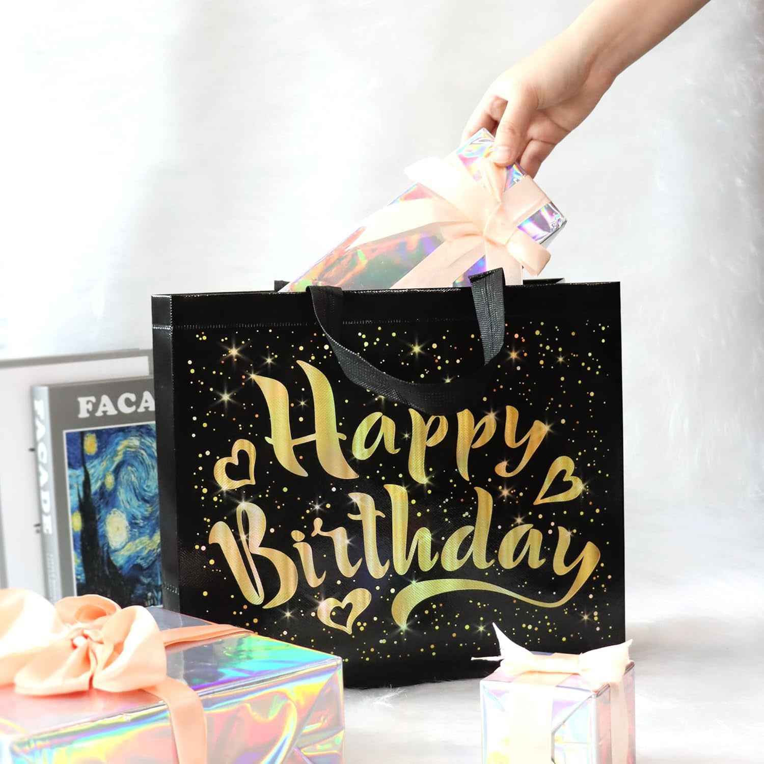 Birthday Gift Bag with Gold Stars – Reusable Black Tote