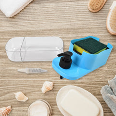 Hand pressing the pump of the versatile 3-in-1 soap dispenser for dishwashing liquid.