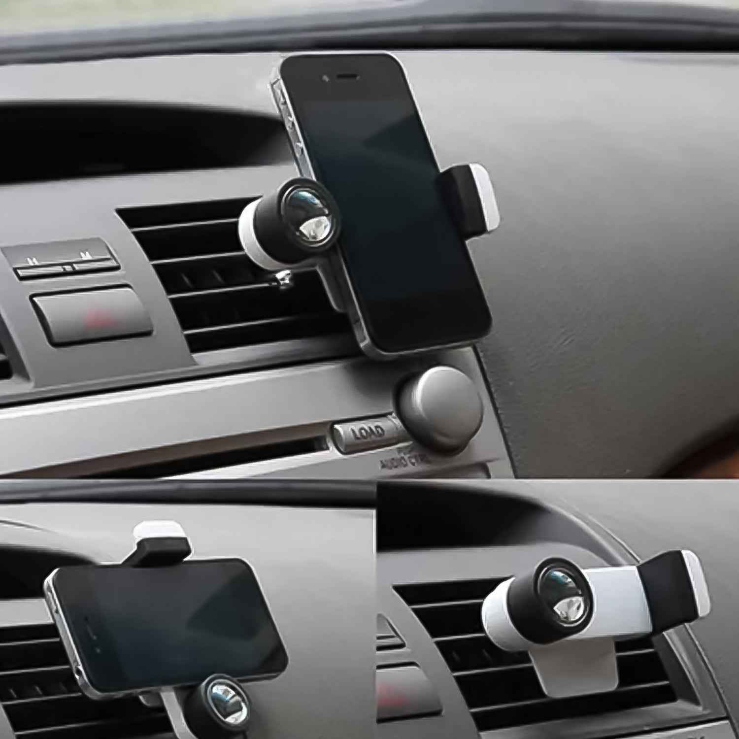 Universal car phone mount with gravity design gripping a smartphone