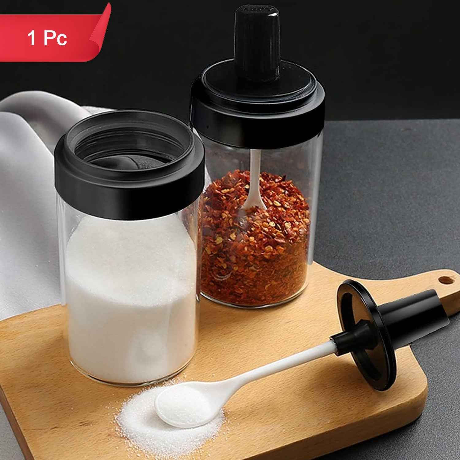 Glass Spice Jar – Attached Spoon & Leakproof Lid | Tidy Table