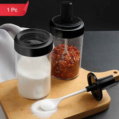 Glass Spice Jar – Attached Spoon & Leakproof Lid | Tidy Table