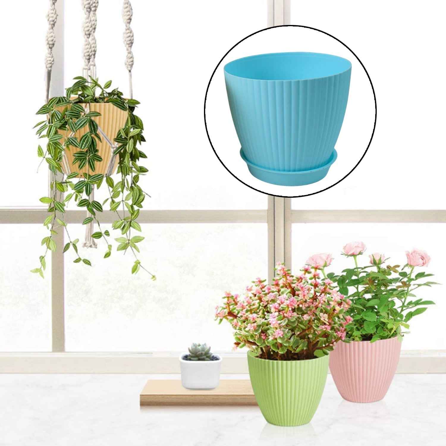 Plastic Flower Pot Set – Round 5 Pcs with Tray |