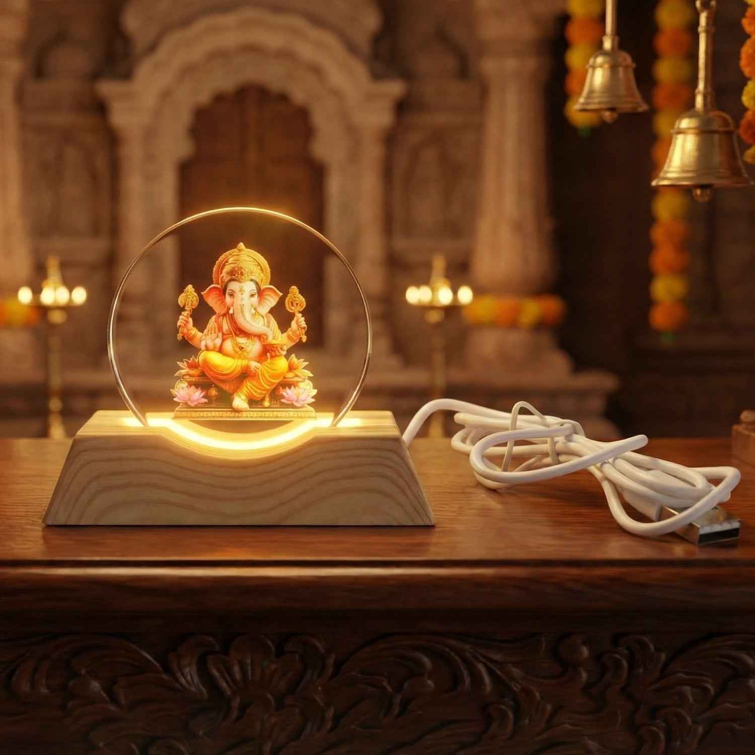 3D Lord Ganesha Acrylic LED Night Lamp – Warm Golden Glow