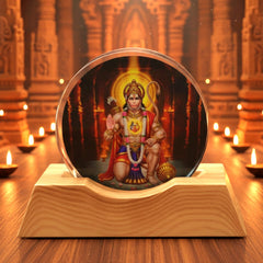 3D Hanuman Ji Acrylic LED Night Lamp with wooden base showcasing spiritual illumination