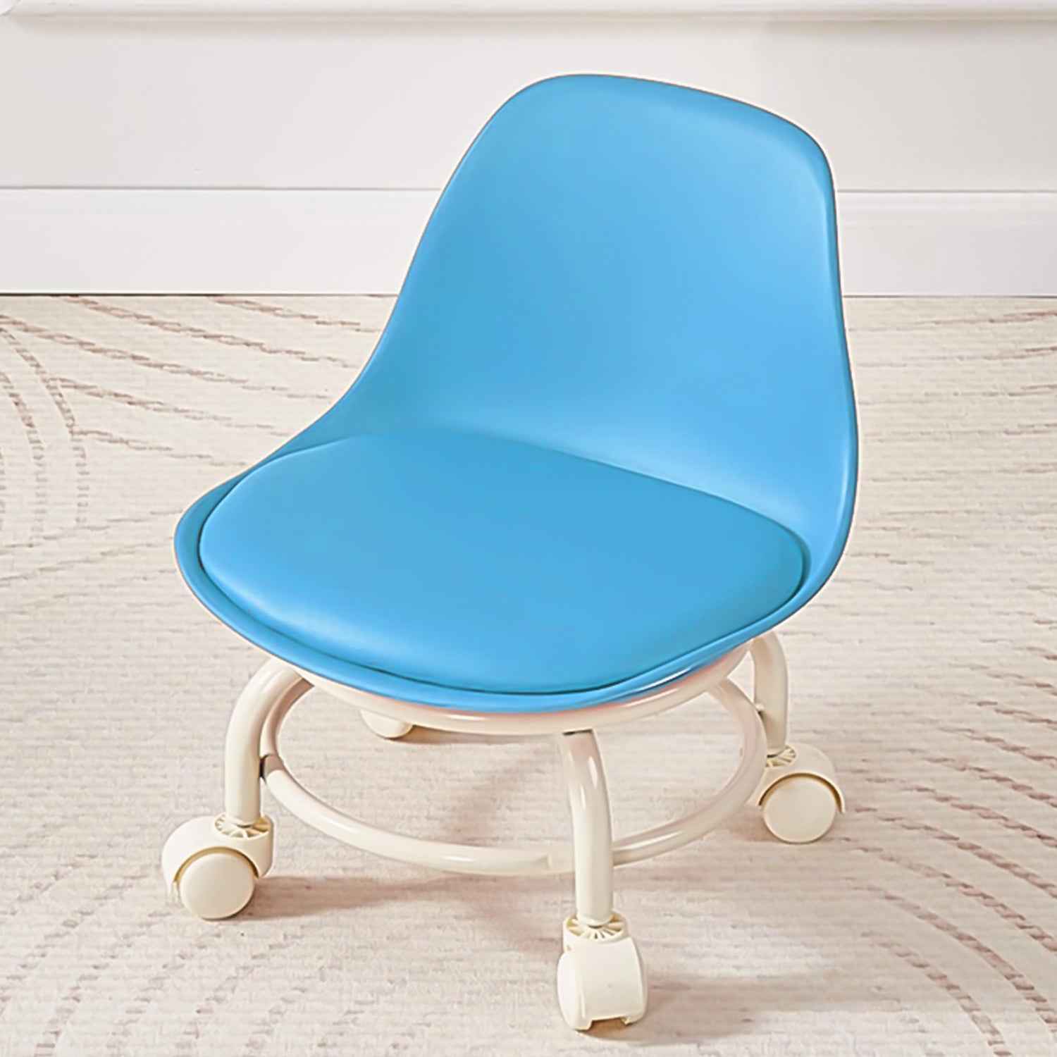 Ergonomic low rolling stool featuring cushioned seat and mobile wheels