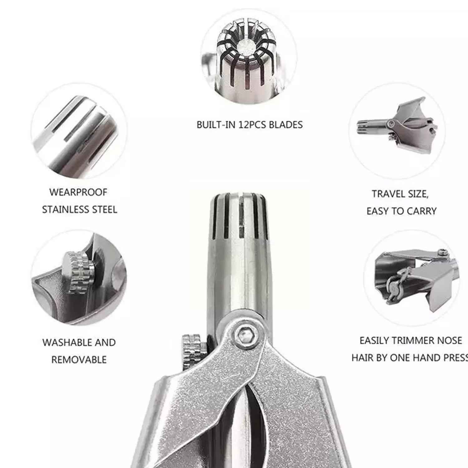Detailed view of the nose hair clipper's head, demonstrating its safe trimming design.