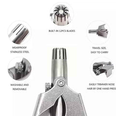 Detailed view of the nose hair clipper's head, demonstrating its safe trimming design.
