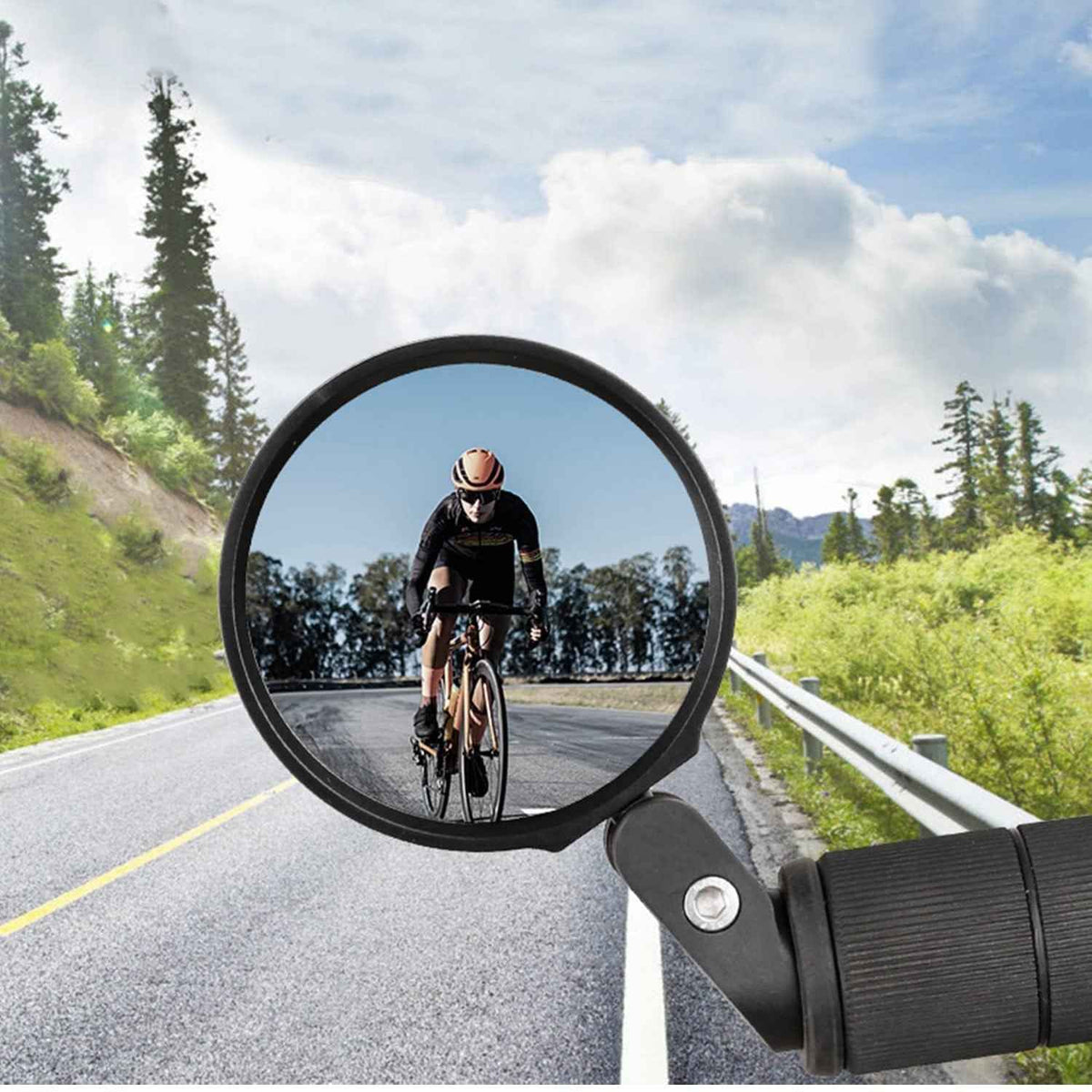 RaceVault Bar End Bike Mirror installed on a bike handlebar, providing a wide rearview for enhanced cycling safety.