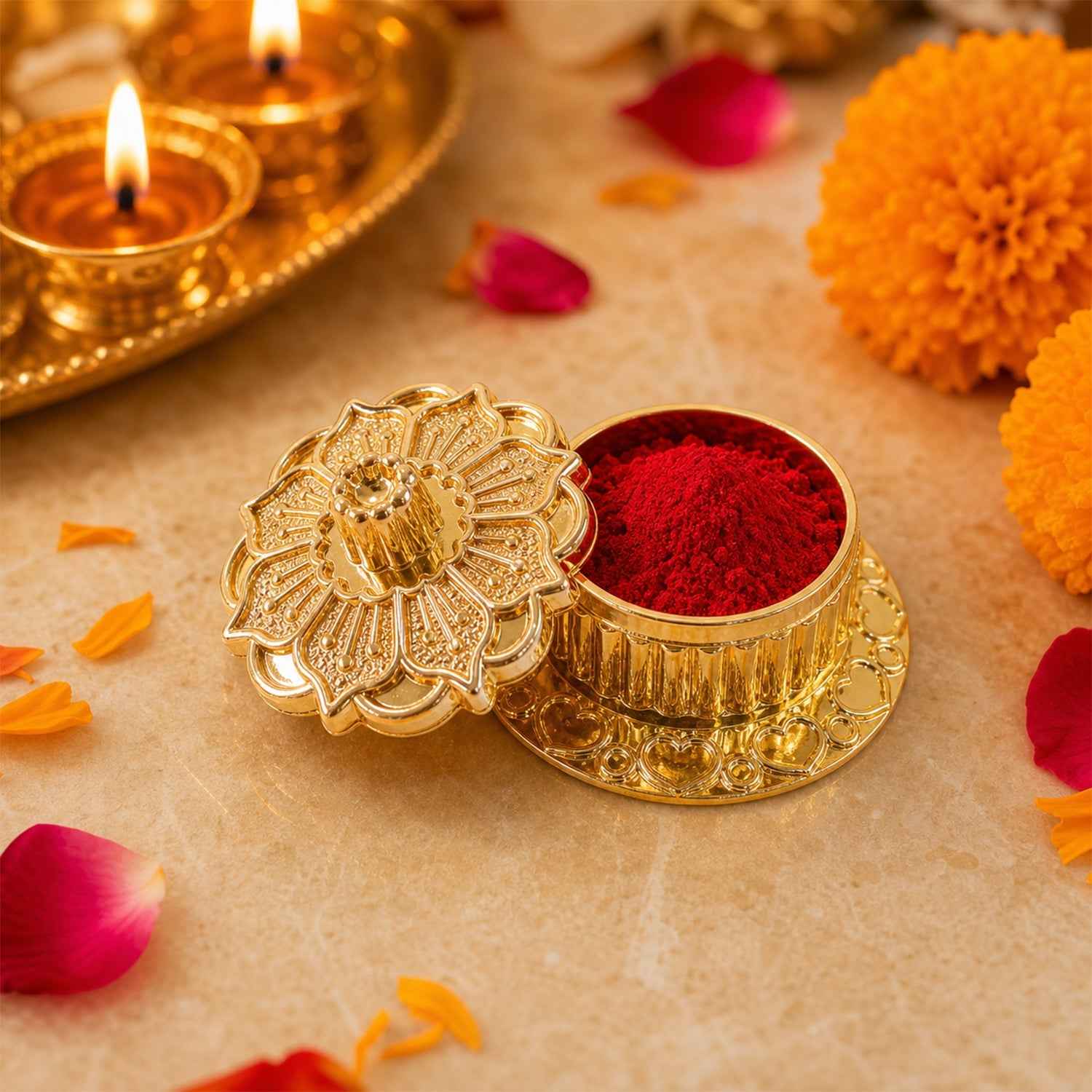 Golden Pooja Kankavati – Elegant Religious Storage Container