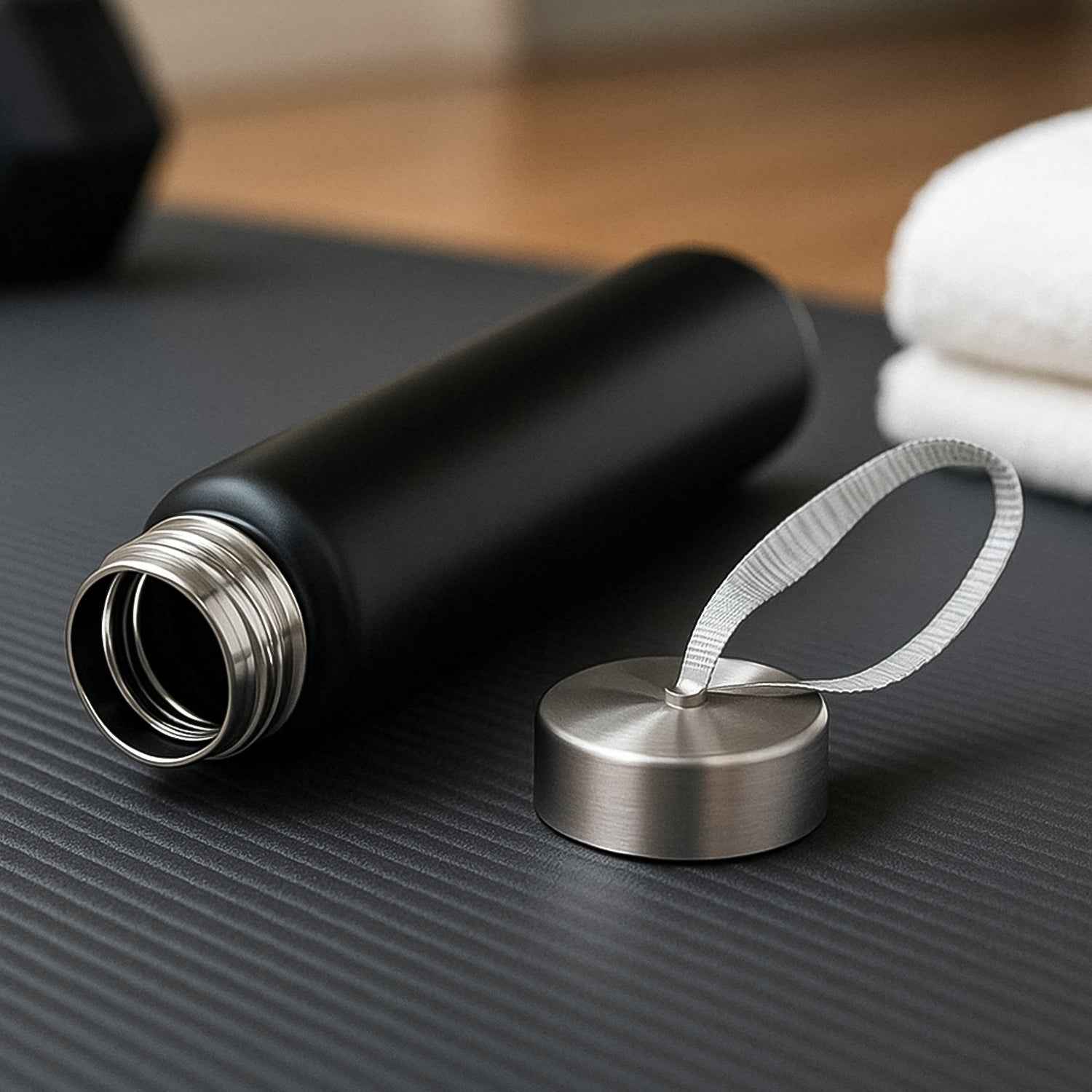 Matte black stainless steel water bottle with secure screw-top lid and strap